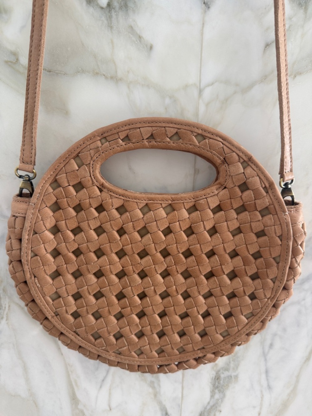 Woven Round Crossbody Bag — Tan - Picture 2 of 9